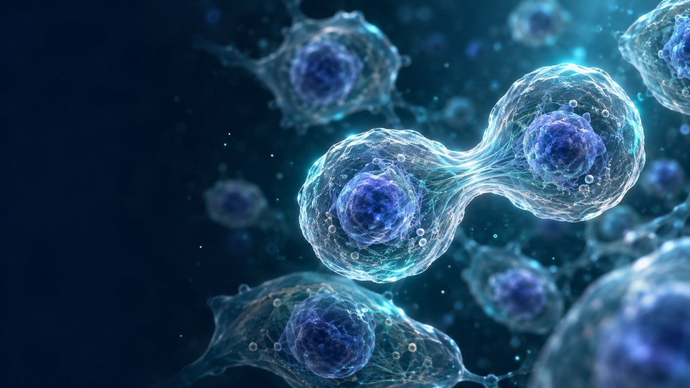 A healthy cell dividing into two daughter cells