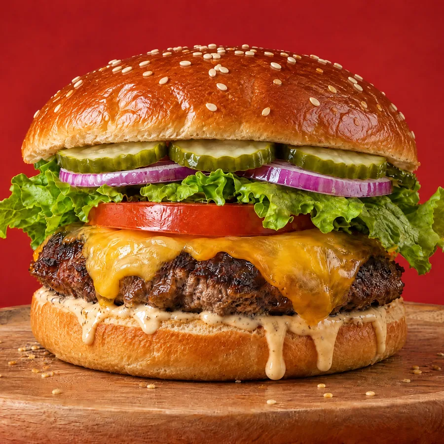 The Ironwood burger on a wooden platter
