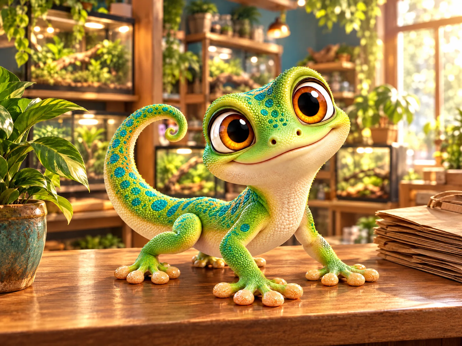 The gecko greeting customers from the shop counter