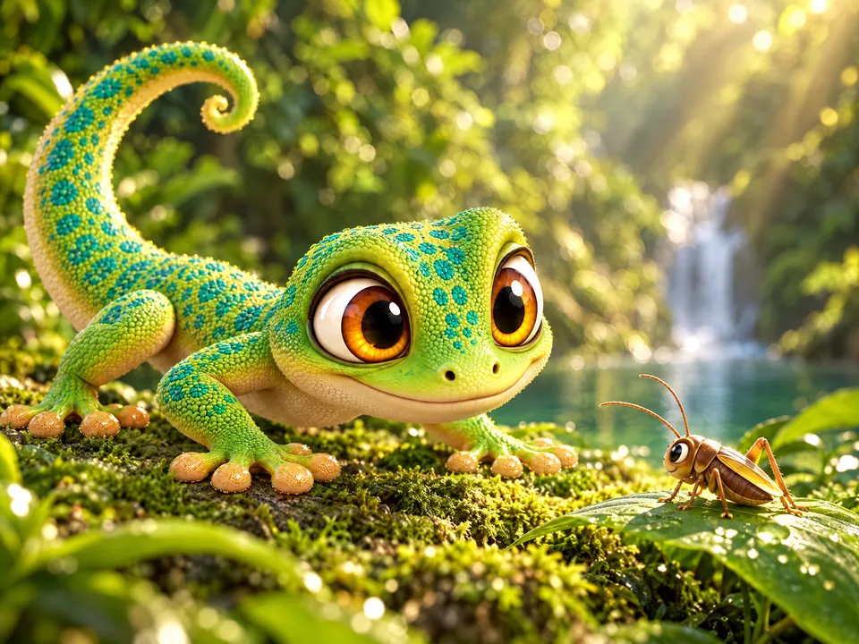 The gecko eyeing a cricket on a leaf