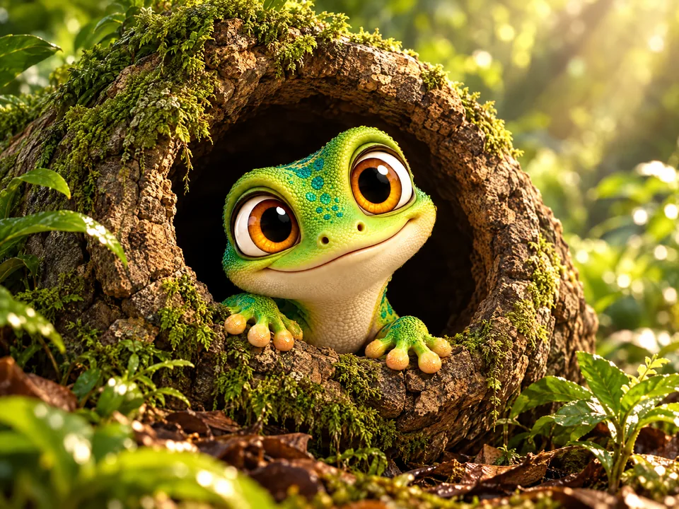 The gecko peeking out of a cork bark hide