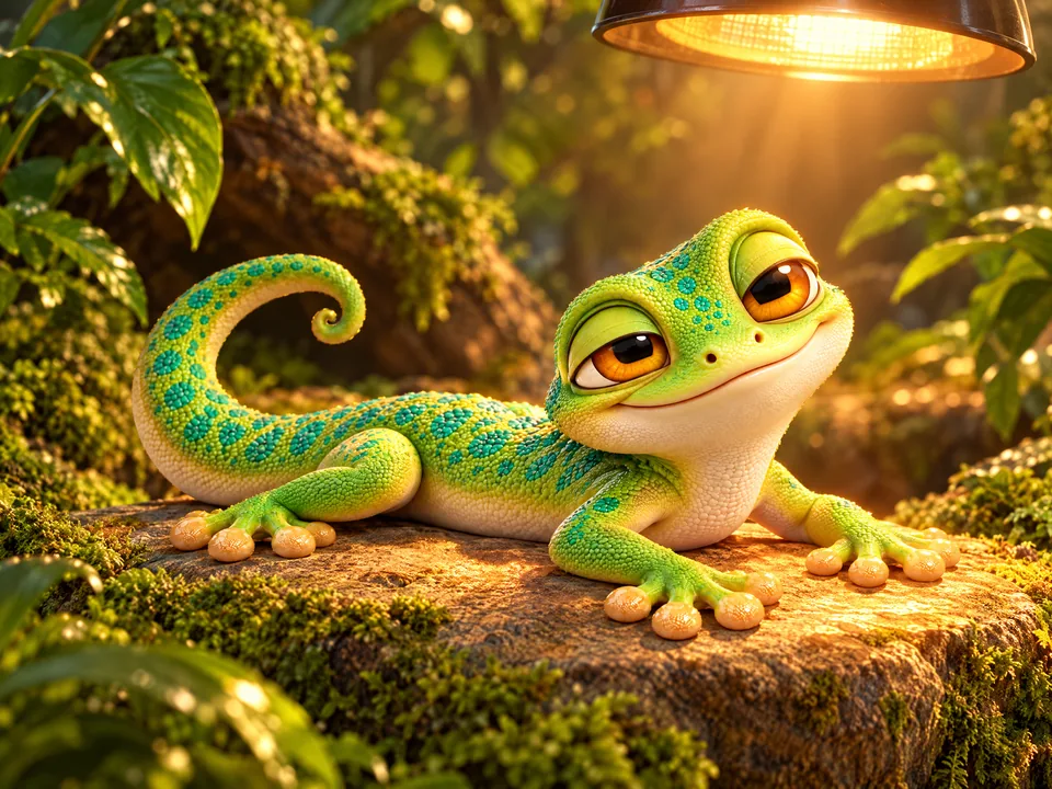 The gecko basking under a heat lamp