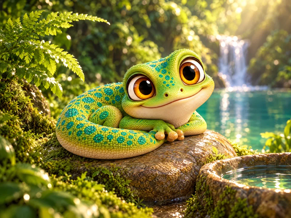 The gecko resting on a smooth stone
