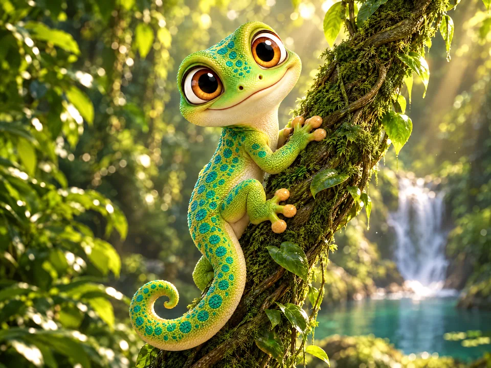 The gecko climbing a mossy vine