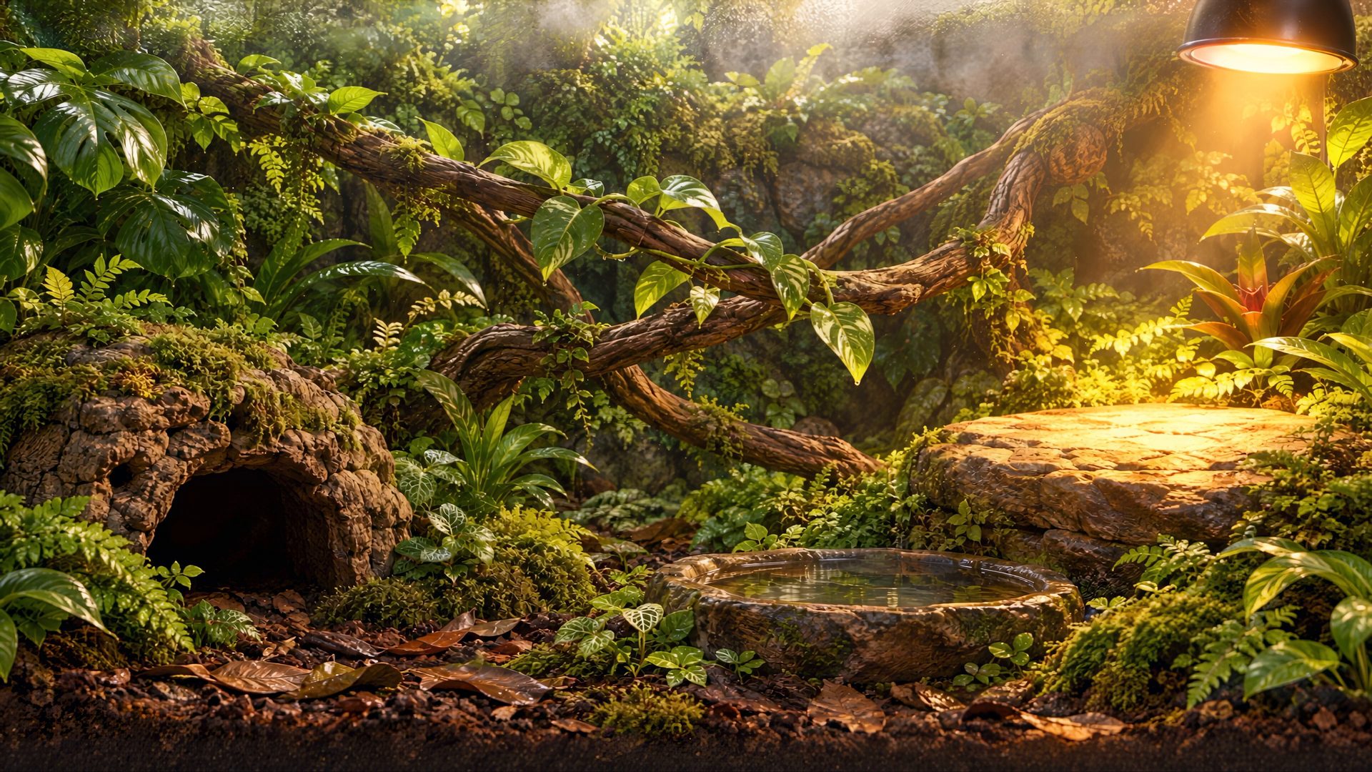 A planted terrarium with a hide, climbing branches, a basking rock and a water dish