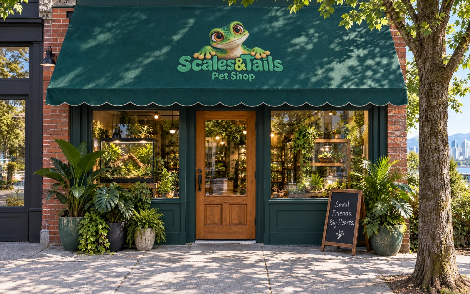 The Scales & Tails Pet Shop storefront on a leafy Vancouver street