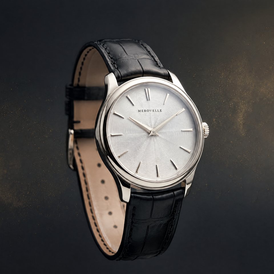Merovelle Aurore slim white gold dress watch with silver guilloche dial