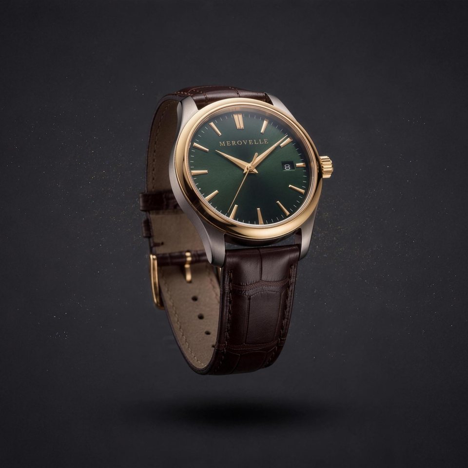 Merovelle Boreal titanium and gold watch with a forest green sunburst dial