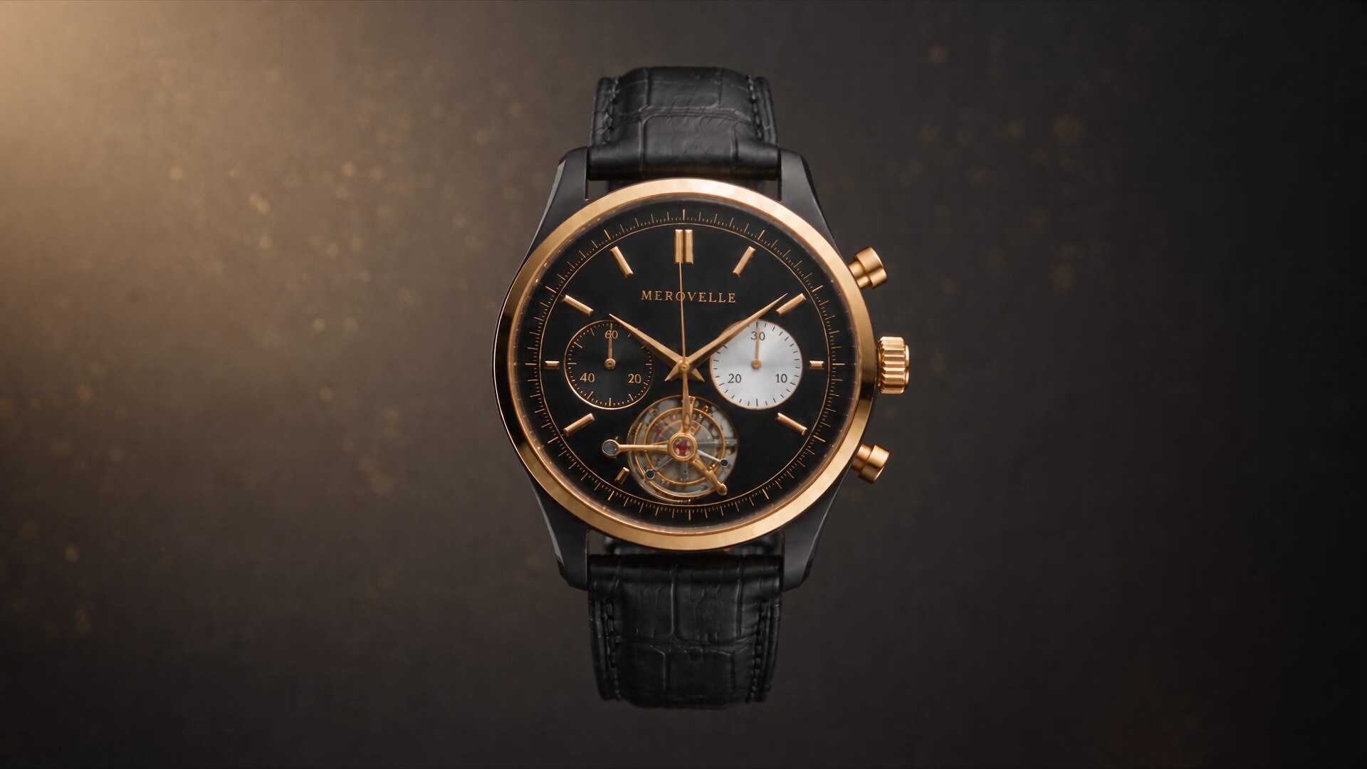 Merovelle Sovereign Tourbillon Chronograph floating in a dark studio