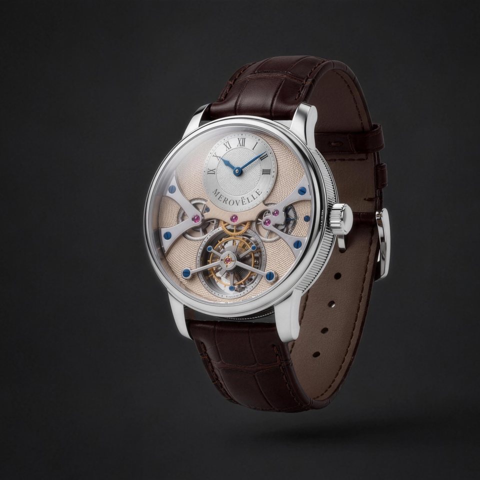 Merovelle Regent open worked tourbillon in polished steel with a guilloche movement plate