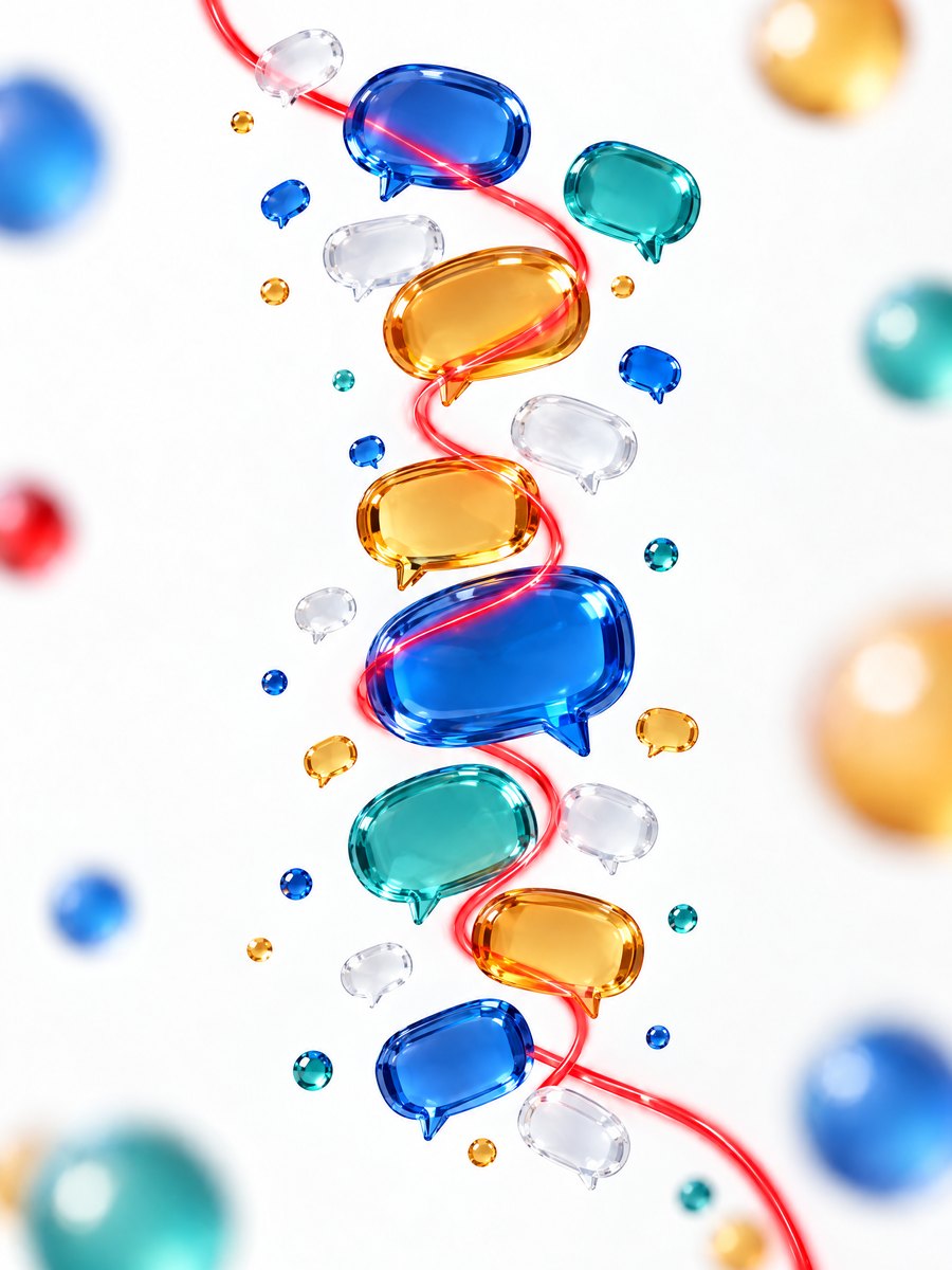 Glass speech bubbles linked by a red cable