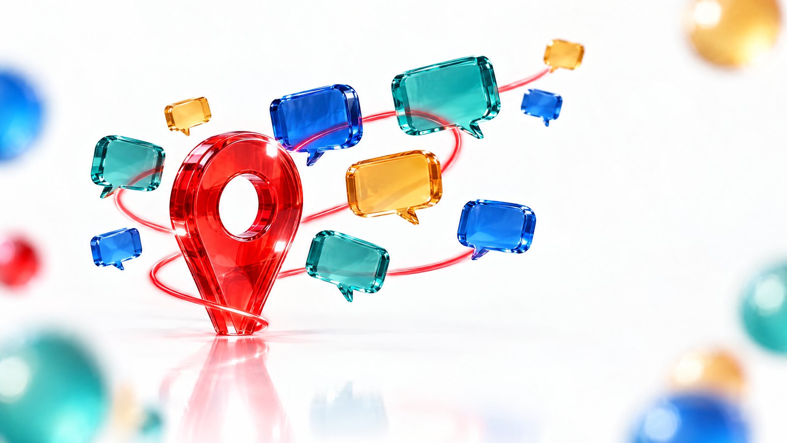 A red glass map pin with speech bubbles around it