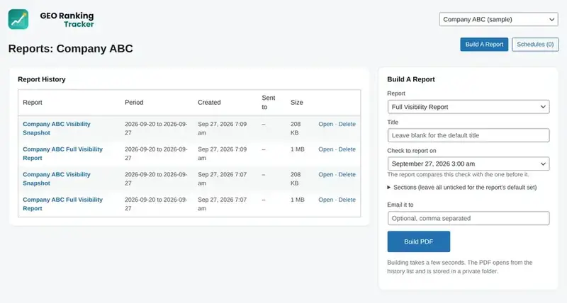 Reports page with scheduled emails and the report history.