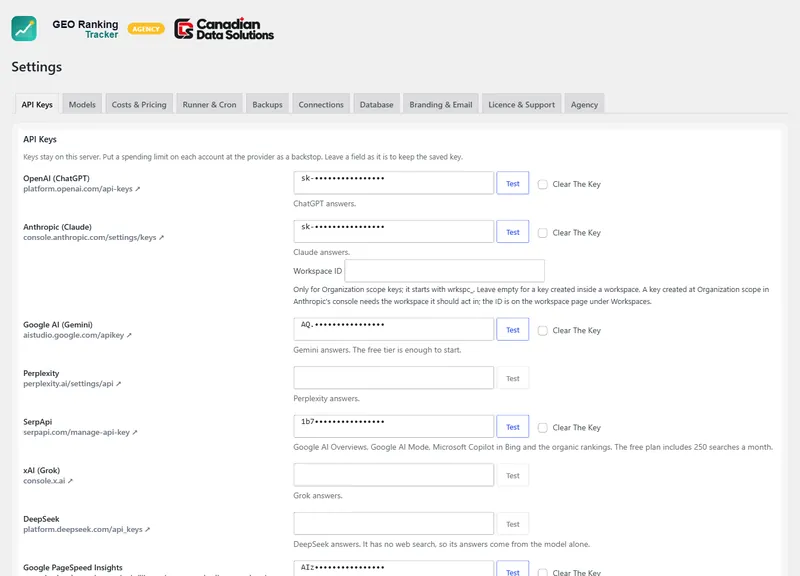 API keys with a Test button for every engine.