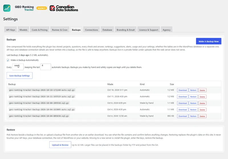 Backup & Restore: one file holds everything, weekly backups kept automatically.