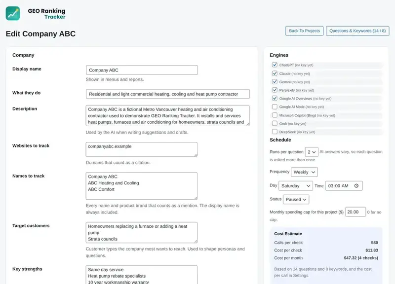 Project setup: engines, personas, default country, locations and the Yahoo toggle.