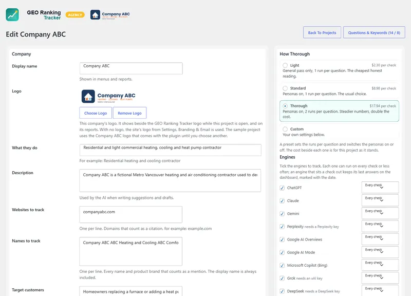 Project setup: engines, personas, locations and how thorough each check is. Pro adds the seven extra engines, a frequency per engine and the Yahoo toggle.