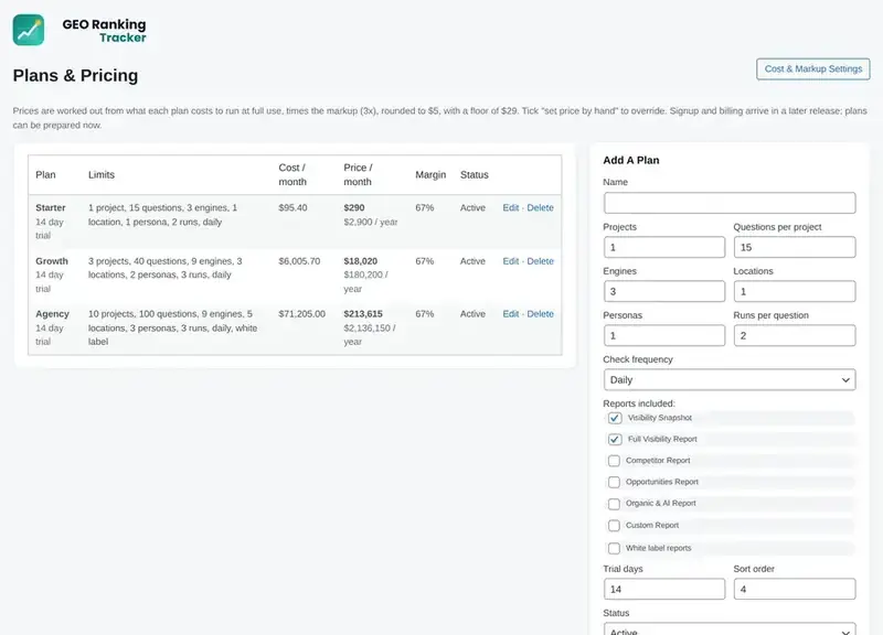 Plans and pricing for the hosted service.
