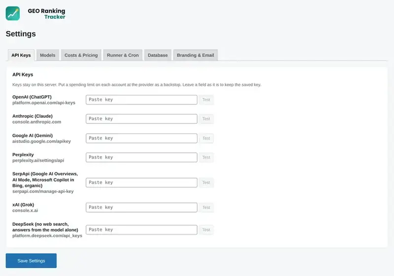 API keys with Test buttons for every engine.