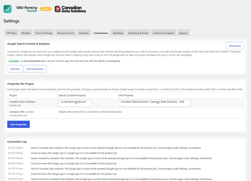 Pro. Connections: one Connect With Google button for Search Console and Analytics, with Test Connection.