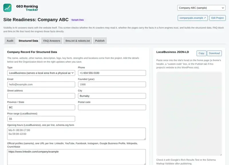 Organization and LocalBusiness JSON LD generator.