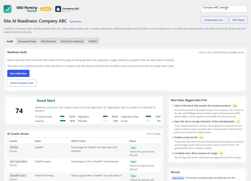 Pro. Site Readiness For AI: score, crawler access, key pages and next steps.
