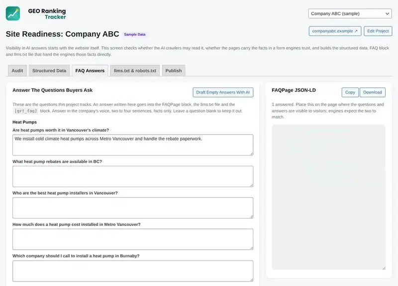 FAQ answers with AI drafts and FAQPage JSON LD.