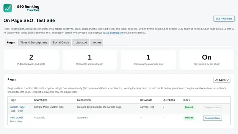 On Page SEO overview with Suggest and Save.