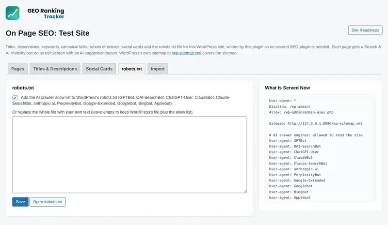 robots.txt editor with the AI crawler allow list.
