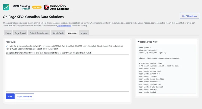 Pro. robots.txt editor with the AI crawler allow list.