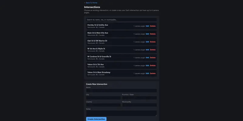 Intersections: every site in one list, each with up to four camera angles.
