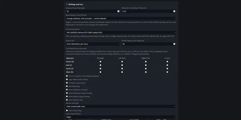 Settings and run: detector size, GPU or CPU, speed unit and posted limit, turn restrictions per approach, overlays, scene map and heat map.