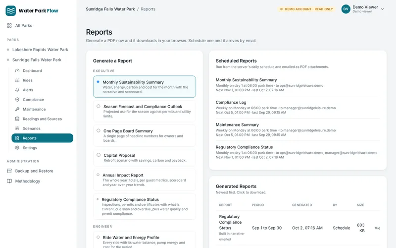 Reports: fourteen PDF report types on demand, plus schedules that email them automatically.