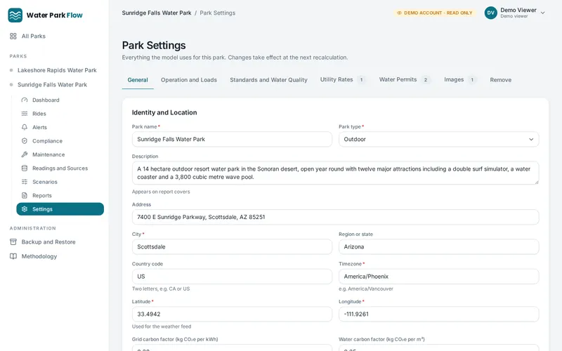 Park settings: rides, locations, rates, permits, peak season months and photos, all editable in the app.
